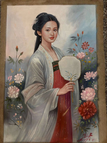 portrait-femme-Peinture à l'huile sur toile "Beauté classique" -éventail-peinte à la main chinoise par Chen Yifei