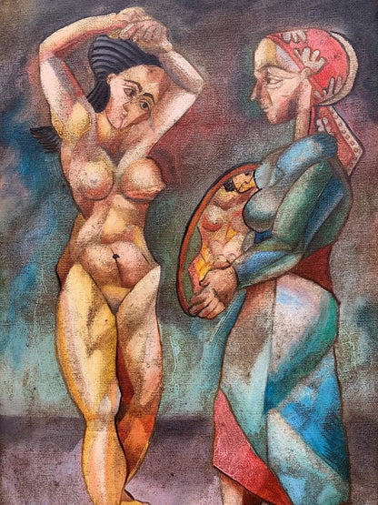 art-decoration-tableau-peinture-huile-toile-moderne-portrait-scene-erotique-reine-servante