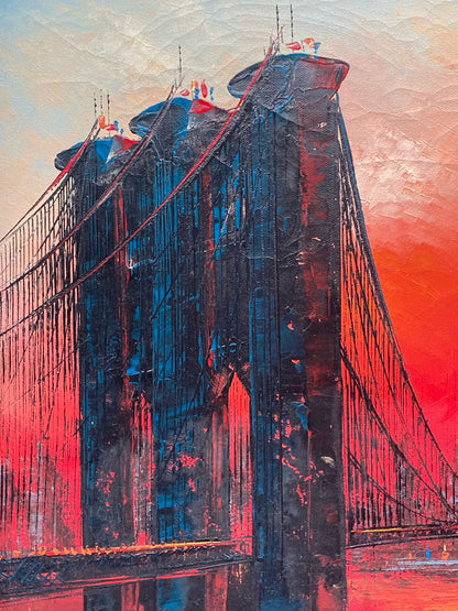 art-decoration-tableau-peinture-huile-toile-moderne-skyline-new york-pont-Brooklyn-soleil-rouge