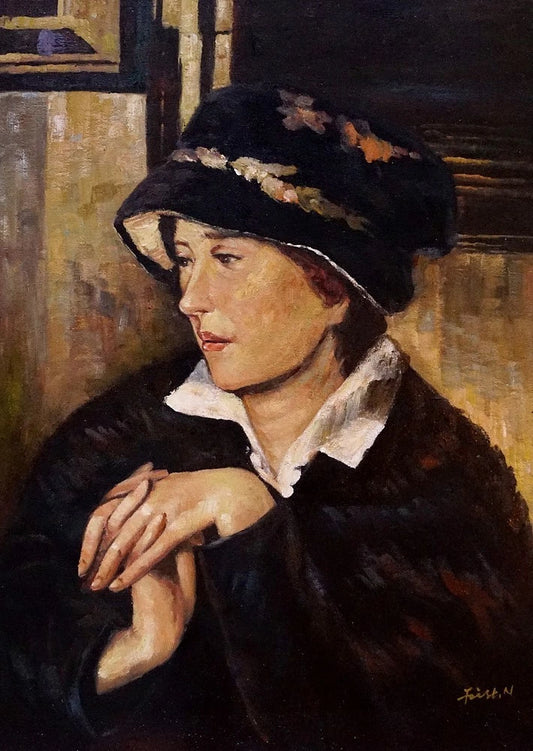 art-moderne-portrait-femme-chapeau-peinture-huile-toile