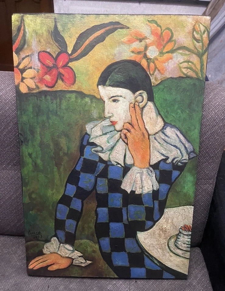 art-decoration-tableau-peinture-huile-toile-portrait-masculin-Arlequin-à la manière de Picasso
