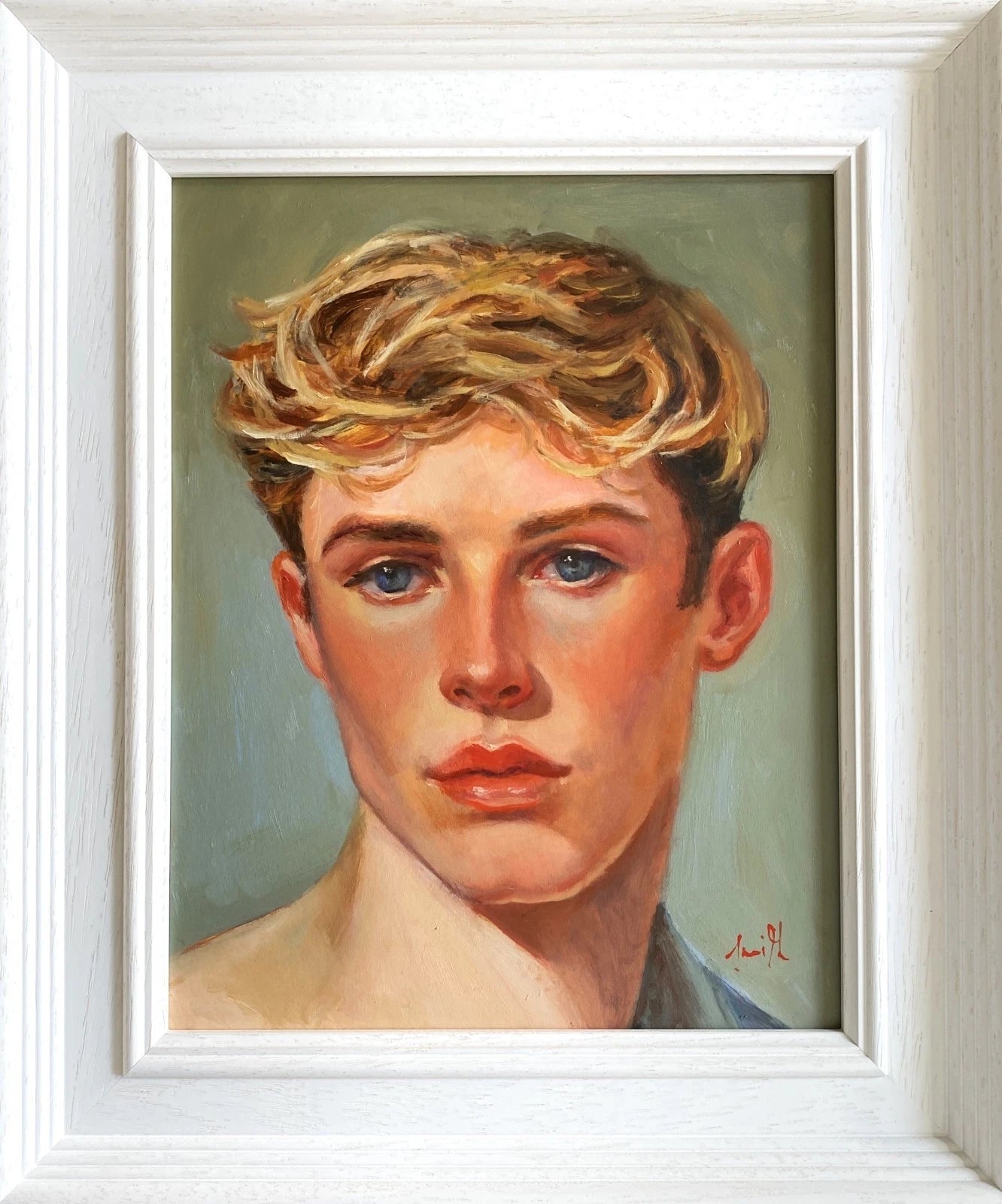 Tableau huile original portrait jeune homme blond encadré