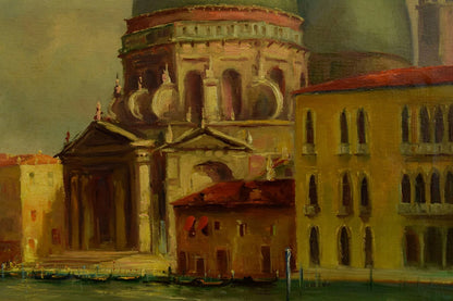 Vers 1950 Tableau ancien, Paysage de Venise ensoleillée, huile, signé 80,5x61 cm