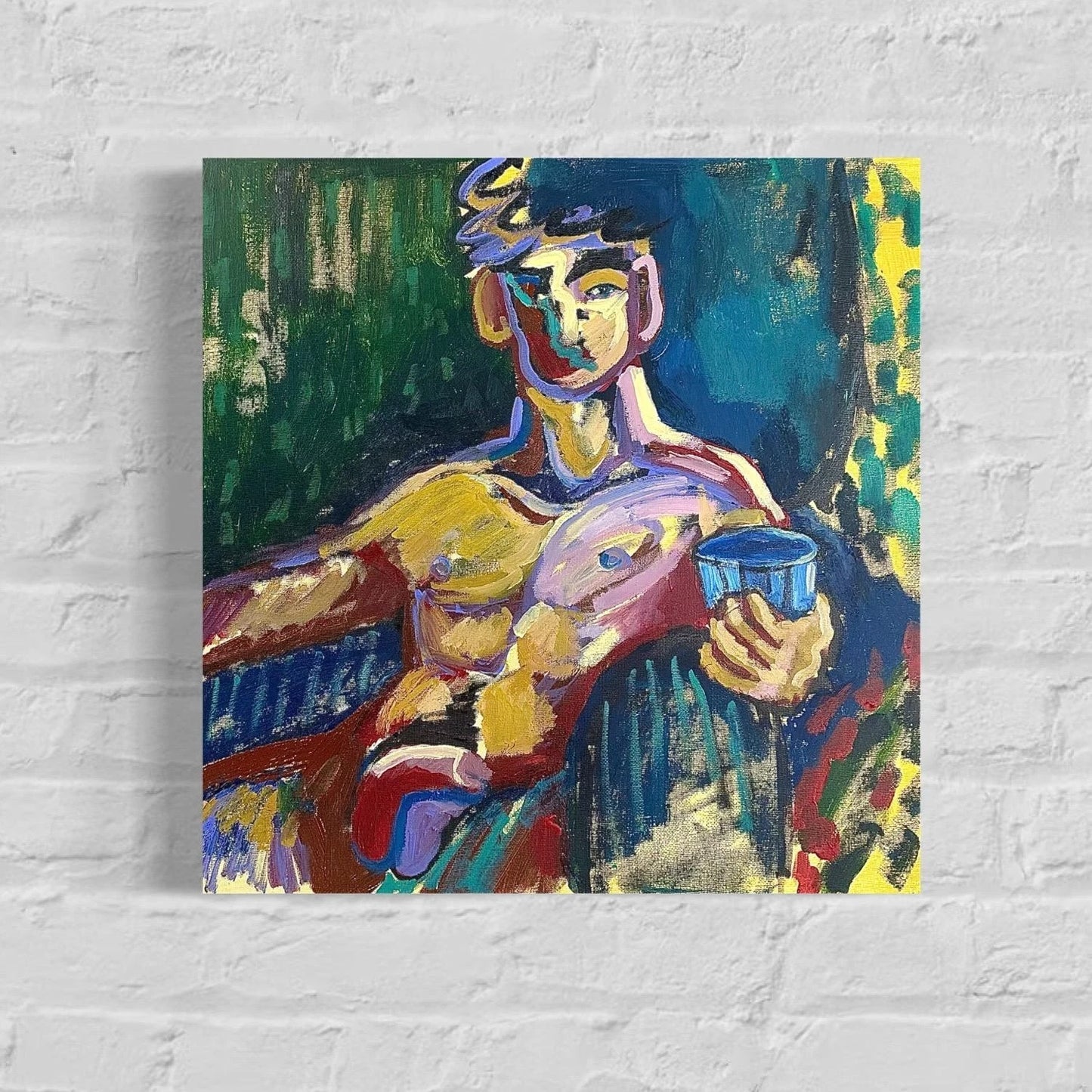 art-decoration-tableau-peinture-moderne-huile-toile-portrait-masculin-homme-jeune-nu integrale-verre