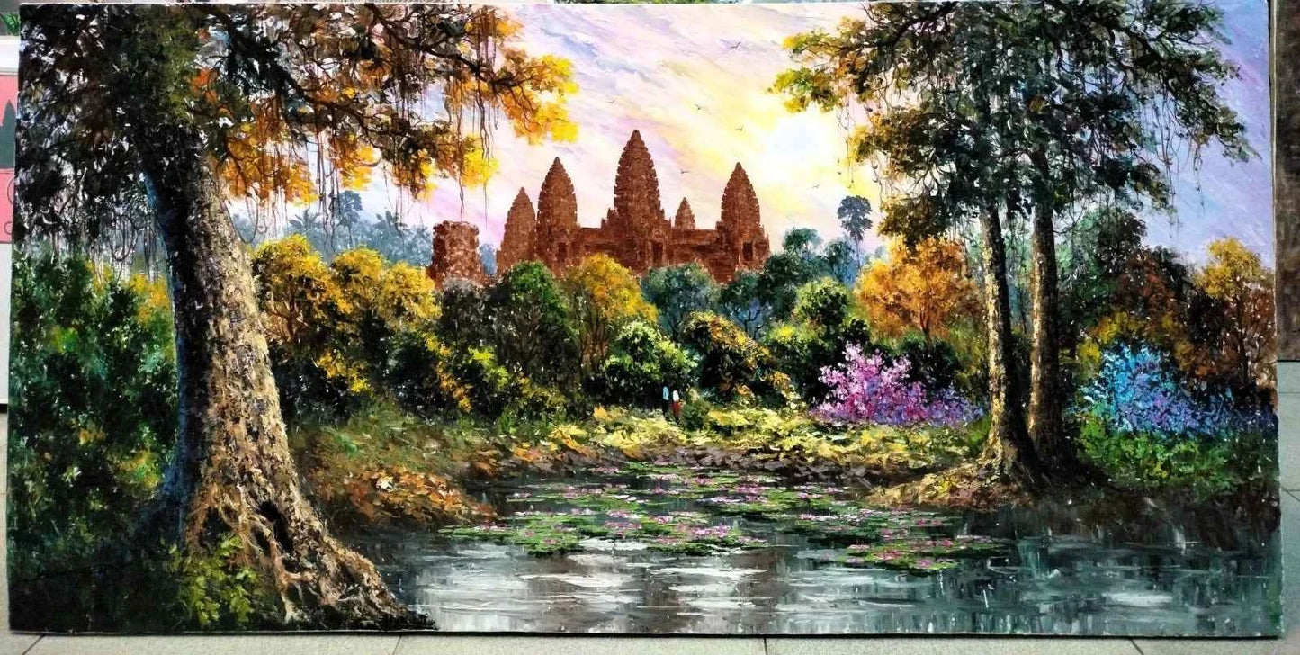 Peinture à l'huile art mural temple Angkor cambodge paysage campagne originale