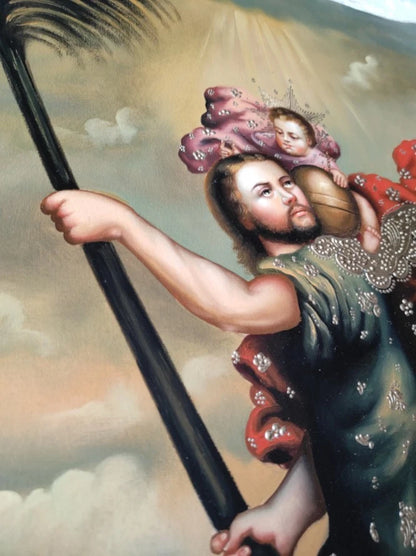 Tableau huile original Saint Christophe, tableau école Cuzco