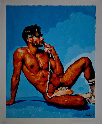 art-érotique-gay-male-peinture-huile sur toile-originale-homme-nu-intégrale-telephone