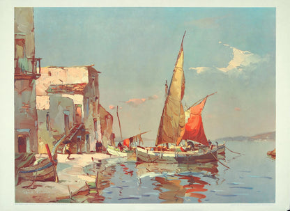 art-decoration-peinture-huile-toile-paysage-marin-bateau-peche-voiles-Naples