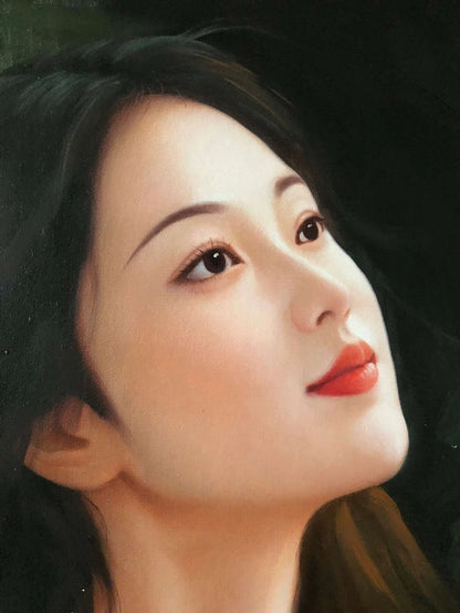 Peinture à l'huile sur toile peinte à la main belle femme chinoise en robe blanche par Leng Jun - Kikooyou Art Gallery