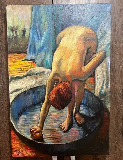 art-decoration-tableau-peinture-huile-toile-portrait-femme-nue-bain-inspirée de Degas