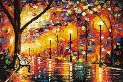 art-decoration-tableau-peinture-huile-toile-paysage-moderne-coloré-rue-nuit-pluie-banc