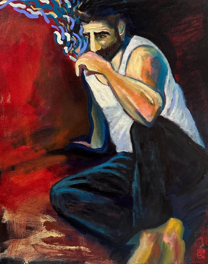 art-decoration-tableau-peinture-huile-toile-portrait-homme-barbu-sexy-cigarette