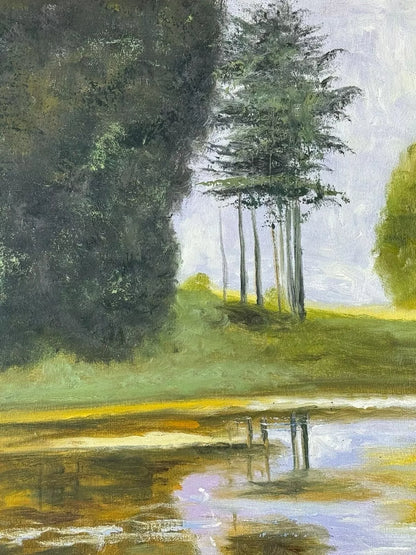 art-decoration-tableau-peinture-huile-toile-paysage-etang-enchanté-reflet-arbres