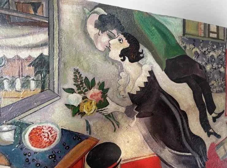 reproduction inspirée de Chagall huile sur toile-L'amour, c'est voler ensemble au-dessus du quotidien. Une œuvre qui célèbre la passion et la joie de vivre.
