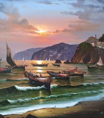 Paysage Côtier Napolitain avec Bateaux Grande Peinture à Huile originale signée