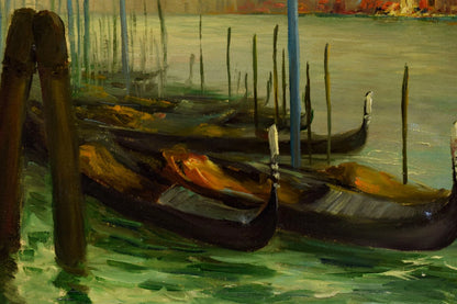 Vers 1950 Tableau ancien, Paysage de Venise ensoleillée, huile, signé 80,5x61 cm