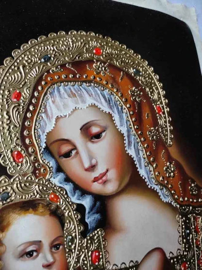 Sainte Vierge Marie et l'enfant Jésus, Peinture à l'huile originale, Peinture Cuzco, Peinte à la main, Icône