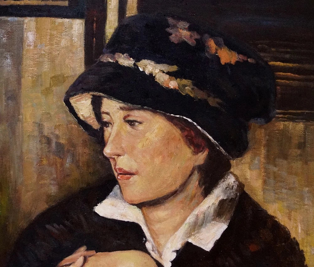art-moderne-portrait-femme-chapeau-peinture-huile-toile