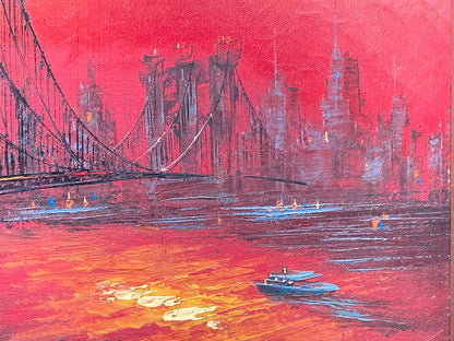 art-decoration-tableau-peinture-huile-toile-moderne-skyline-new york-pont-Brooklyn-soleil-rouge