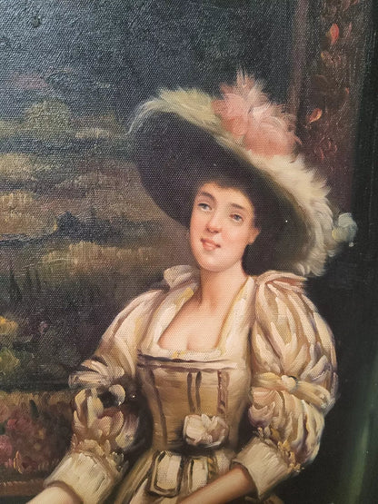 art-decoration-tableau-peinture-huile-toile-portrait-feminin-dame-noble-fleurs