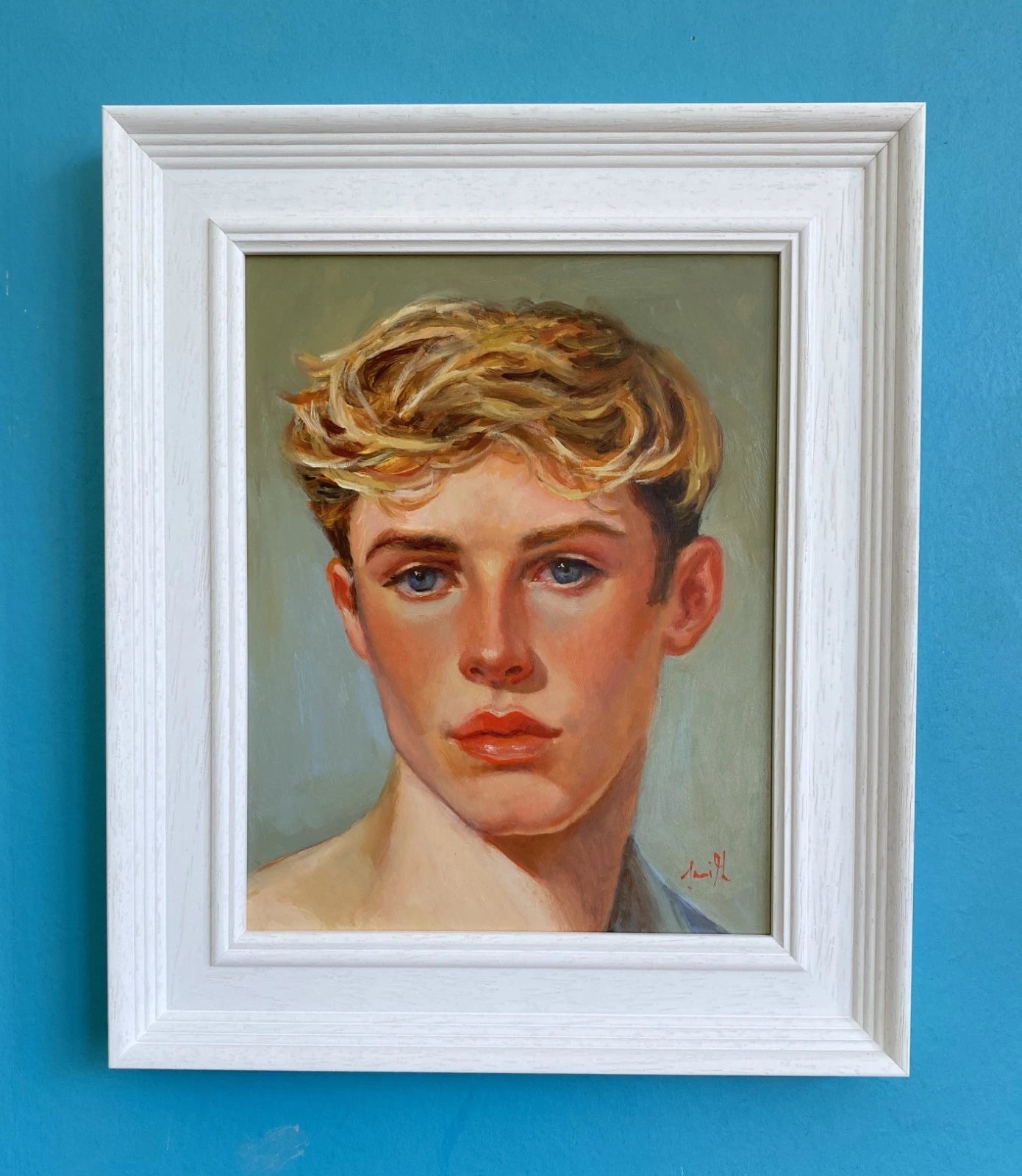 Tableau huile original portrait jeune homme blond encadré
