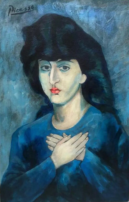 art-decoration-tableau-peinture-huile-toile-portrait-feminin-femme-brune-periode-bleue