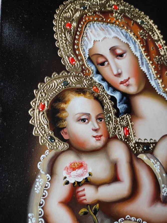 Sainte Vierge Marie et l'enfant Jésus, Peinture à l'huile originale, Peinture Cuzco, Peinte à la main, Icône