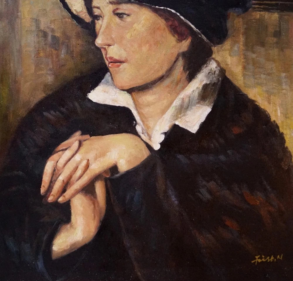 art-moderne-portrait-femme-chapeau-peinture-huile-toile