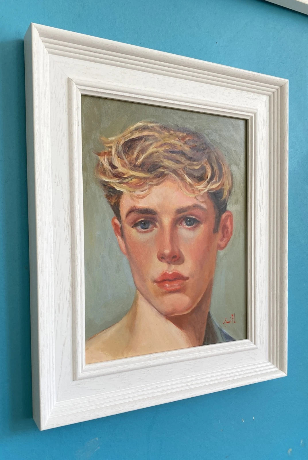 Tableau huile original portrait jeune homme blond encadré