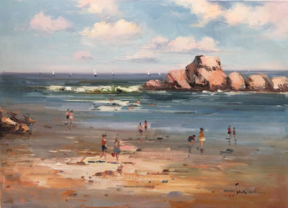 art-decoration-tableau-peinture-huile-toile-paysage-ocean-mer-enfants-plage