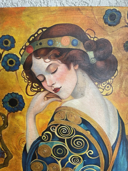 art-decoration-tableau-peinture-huile-toile-portrait feminin-femme-elegante-à la façon de Klimt
