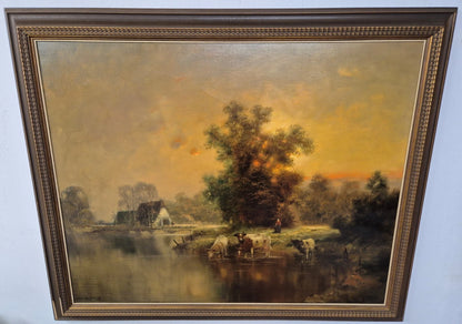 art-decoration-scene-campagne-vache-betail-personnage-lac-peinture-huile-toile