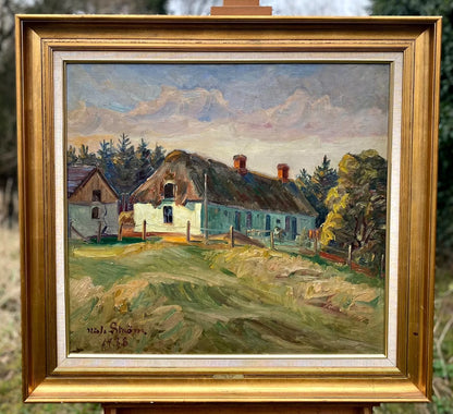 NIELS STROM - été, paysage champêtre avec maisons, tableau huile sur toile