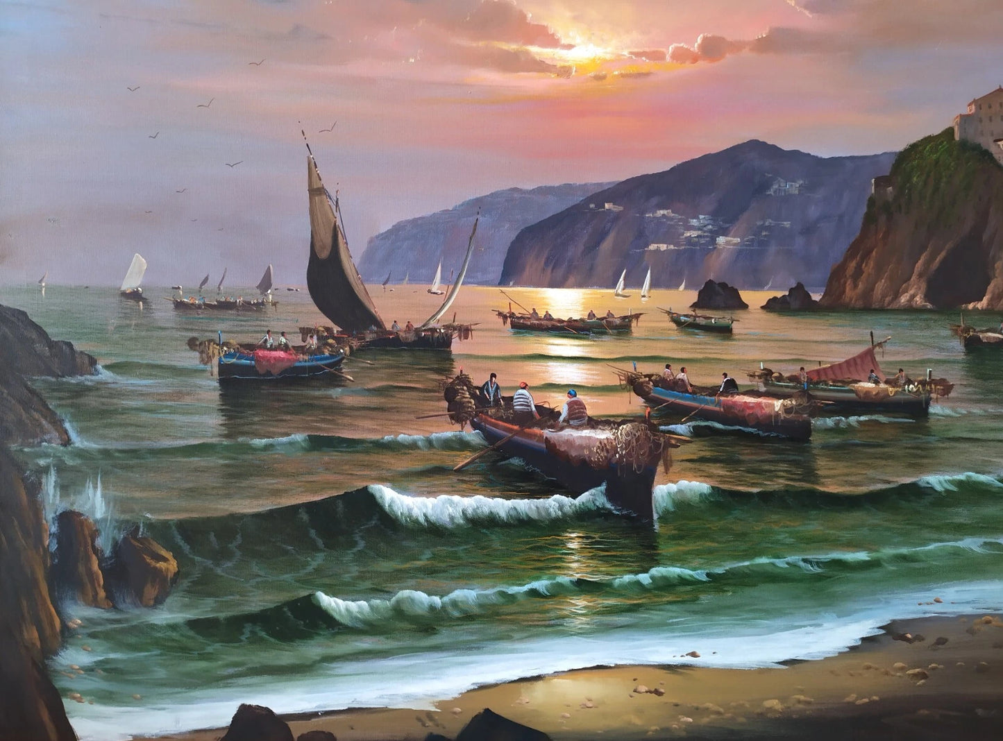 Paysage Côtier Napolitain avec Bateaux Grande Peinture à Huile originale signée