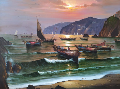 Paysage Côtier Napolitain avec Bateaux Grande Peinture à Huile originale signée