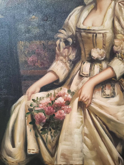 art-decoration-tableau-peinture-huile-toile-portrait-feminin-dame-noble-fleurs