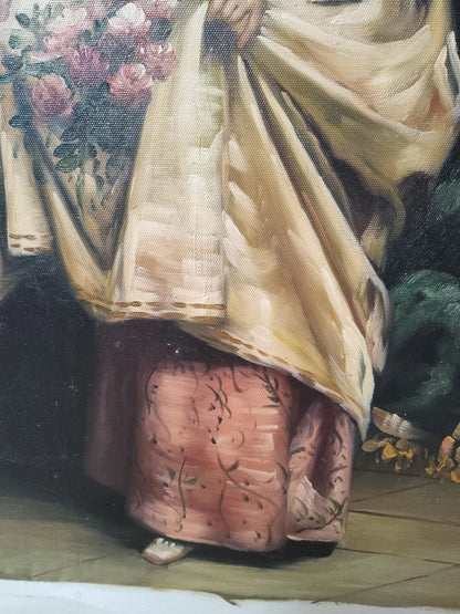 art-decoration-tableau-peinture-huile-toile-portrait-feminin-dame-noble-fleurs