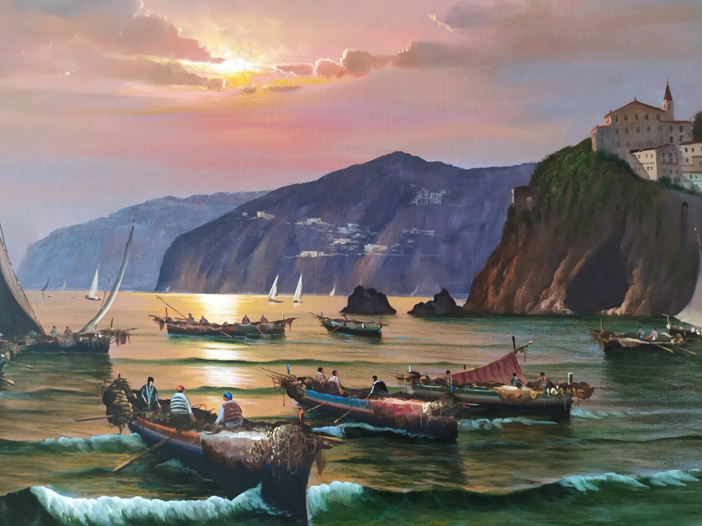 Paysage Côtier Napolitain avec Bateaux Grande Peinture à Huile originale signée
