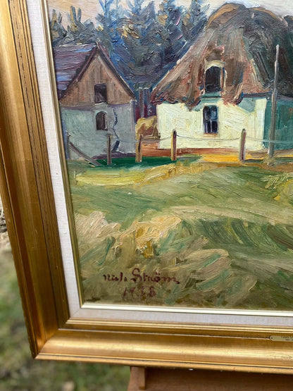 NIELS STROM - été, paysage champêtre avec maisons, tableau huile sur toile