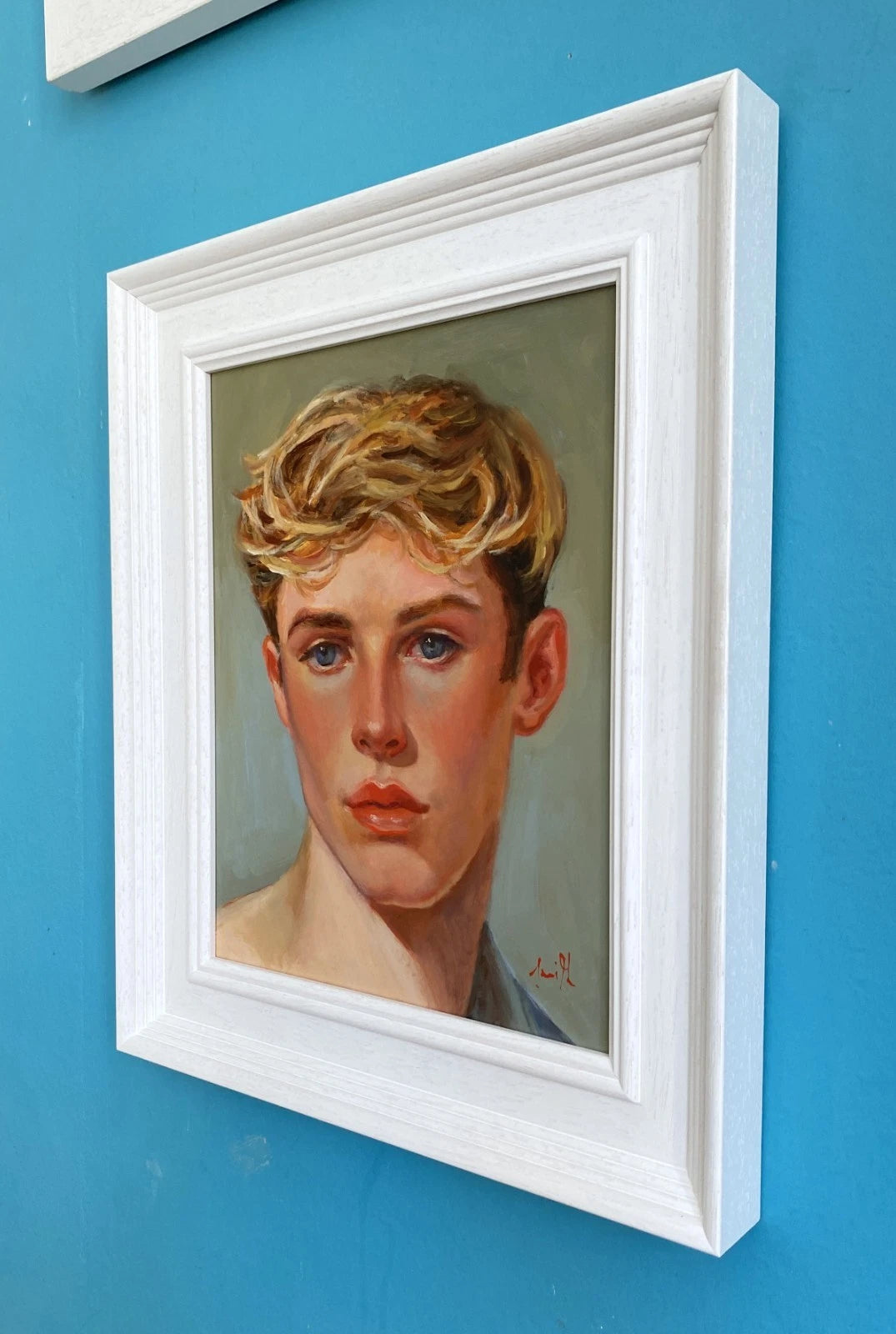 Tableau huile original portrait jeune homme blond encadré