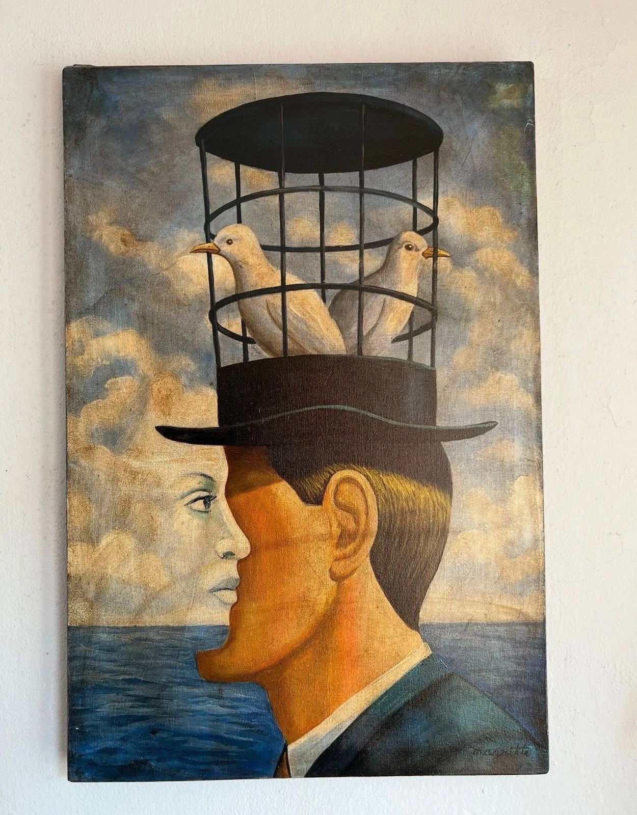 art-surréalisme-portrait-deux têtes-colombe-peinture-huile sur toile-d'apres Magritte