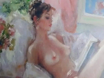 art-decoration-erotique-tableau-peinture-huile-toile-femme-nue-allongée