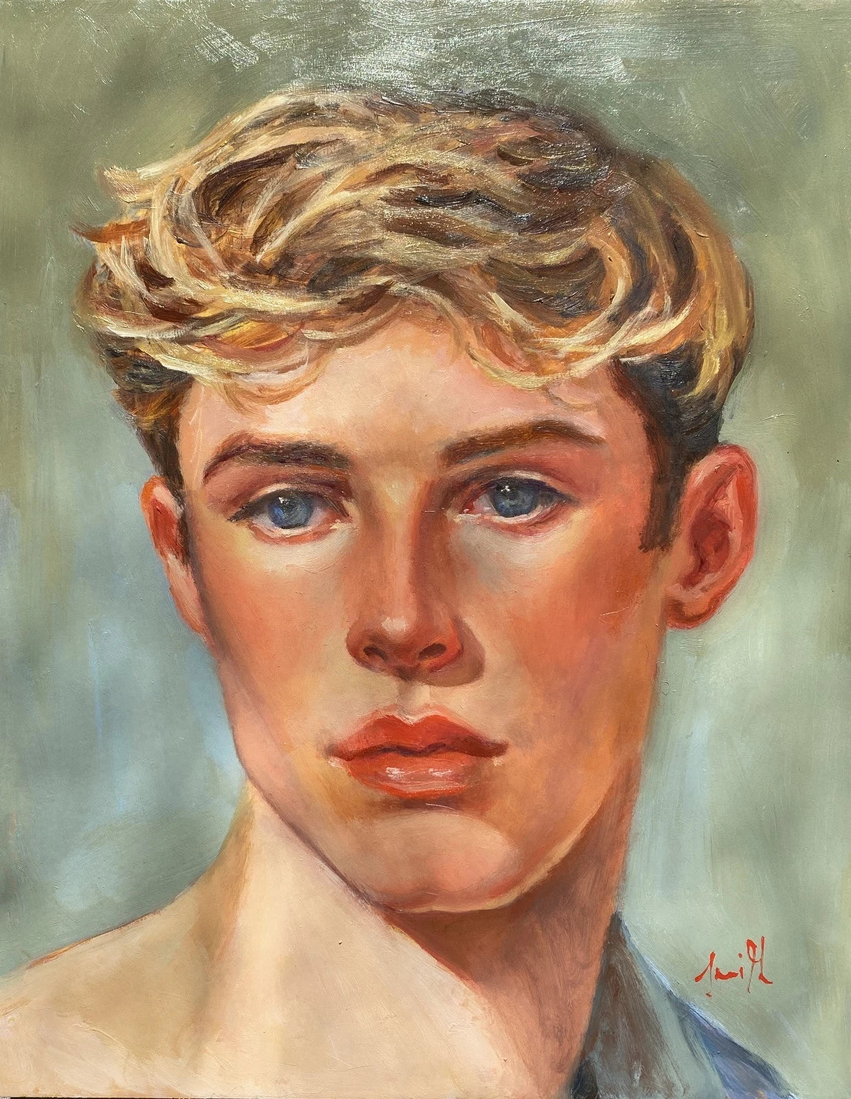 Tableau huile original portrait jeune homme blond encadré