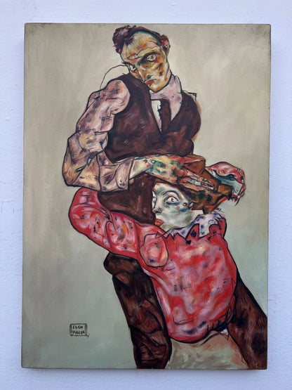 art-decoration-tableau-peinture-huile-toile-moderne-portrait-femme-homme-amants-d'apres Egon Schiele