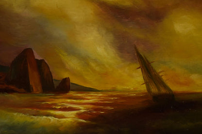 Tableau ancien, paysage marin, huile, monogrammé, 81 x 61,5 cm