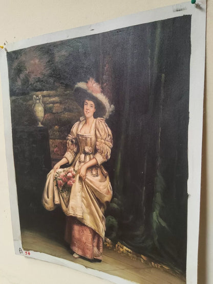 art-decoration-tableau-peinture-huile-toile-portrait-feminin-dame-noble-fleurs