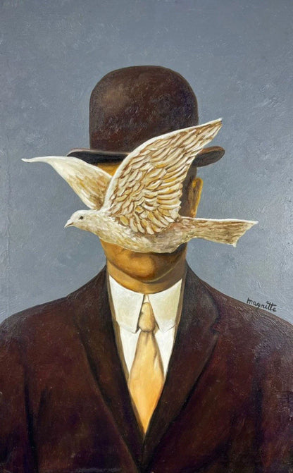 art-surréalisme-portrait-homme-chapeau-colombe-peinture-huile sur toile-d'apres Magritte