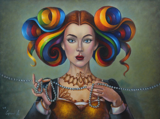 art-decoration-tableau-peinture-huile-toile-surrealste-portrait-femme-arc en ciel-perles