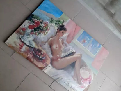 art-decoration-erotique-tableau-peinture-huile-toile-femme-nue-allongée