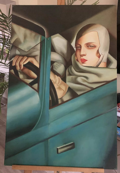 art-decoration-tableau-peinture-huile-toile-portrait-scene-feminin-art deco-femme-voiture